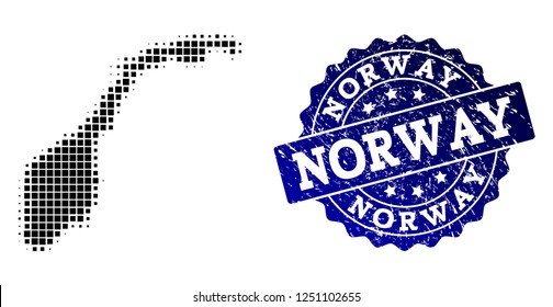 Geographic combination of dot map of Norway and blue grunge seal imprint. Halftone vector map of Norway composed with rectangular pixels. Flat design for patriotic illustrations.