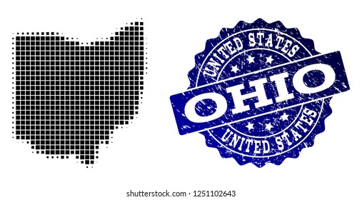 Geographic combination of dot map of Ohio State and blue grunge stamp imprint. Halftone vector map of Ohio State designed with square pixels. Flat design for cartographic purposes.
