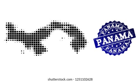 Geographic combination of dot map of Panama and blue grunge seal watermark. Halftone vector map of Panama designed with rectangular mosaic items. Flat design for cartographic illustrations.
