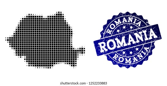 Combinación geográfica del mapa de puntos de Rumanía y marca de agua de grunge azul. Mapa vectorial de semitonos de Rumania formado con píxeles rectangulares. Diseño plano para ilustraciones políticas.