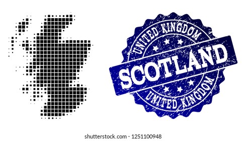 Geographic combination of dot map of Scotland and blue grunge seal imprint. Halftone vector map of Scotland created with rectangle dots. Flat design for patriotic posters.