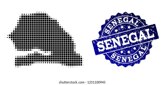 Geographic combination of dot map of Senegal and blue grunge seal imprint. Halftone vector map of Senegal composed with rectangular dots. Flat design for political illustrations.