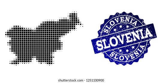 Geographic combination of dot map of Slovenia and blue grunge stamp watermark. Halftone vector map of Slovenia formed with rectangle points. Flat design for political purposes.