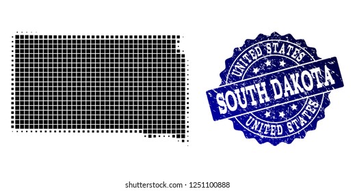 Geographic combination of dot map of South Dakota State and blue grunge seal stamp watermark. Halftone vector map of South Dakota State created with rectangular dots.