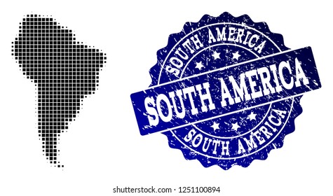 Geographic combination of dot map of South America and blue grunge seal imprint. Halftone vector map of South America designed with rectangle dots. Flat design for infographic posters.