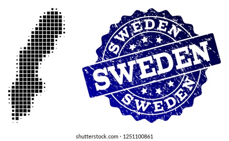 Geographic combination of dot map of Sweden and blue grunge seal stamp watermark. Halftone vector map of Sweden designed with rectangle elements. Flat design for cartographic illustrations.