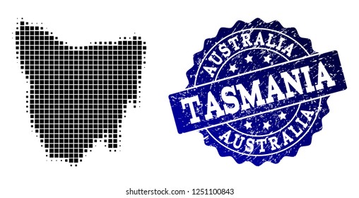 Geographic combination of dot map of Tasmania Island and blue grunge stamp watermark. Halftone vector map of Tasmania Island designed with rectangle dots. Flat design for patriotic posters.