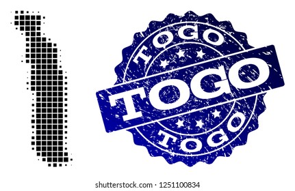 Geographic combination of dot map of Togo and blue grunge seal stamp imprint. Halftone vector map of Togo created with rectangular pixels. Flat design for infographic posters.