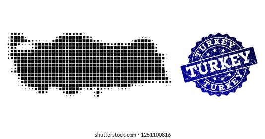 Geographic combination of dot map of Turkey and blue grunge seal stamp watermark. Halftone vector map of Turkey created with square pixels. Flat design for patriotic illustrations.