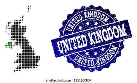 Geographic combination of dot map of United Kingdom and blue grunge seal stamp watermark. Halftone vector map of United Kingdom formed with square pixels. Flat design for cartographic illustrations.