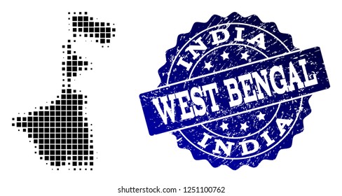 Geographic combination of dot map of West Bengal State and blue grunge seal stamp watermark. Halftone vector map of West Bengal State designed with rectangular points.