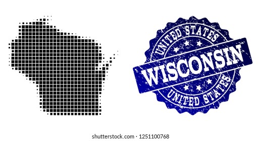 Geographic combination of dot map of Wisconsin State and blue grunge stamp watermark. Halftone vector map of Wisconsin State created with square dots. Flat design for infographic posters.