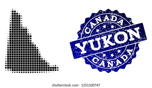 Geographic combination of dot map of Yukon Province and blue grunge stamp watermark. Halftone vector map of Yukon Province formed with rectangle mosaic items. Flat design for patriotic purposes.
