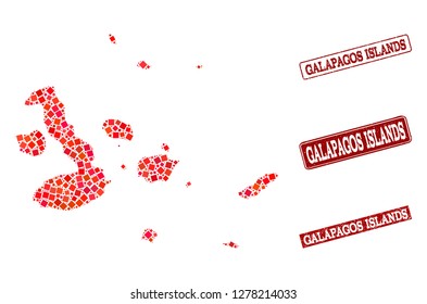 Geographic combination of dot mosaic map of Galapagos Islands and red rectangle grunge seal imprints. Vector map of Galapagos Islands formed with red square mosaic items.