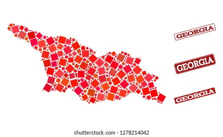 Geographic combination of dot mosaic map of Georgia and red rectangle grunge seal stamp imprints. Vector map of Georgia created with red square mosaic items. Flat design for geographic purposes.