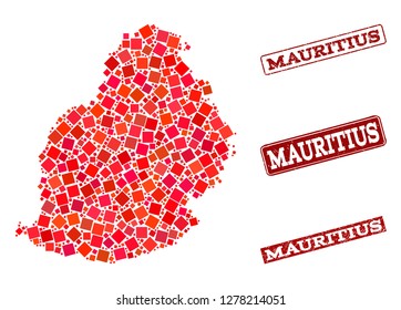 Geographic combination of dot mosaic map of Mauritius Island and red rectangle grunge seal imprints. Vector map of Mauritius Island created with red square elements.