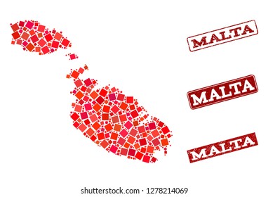 Geographic combination of dot mosaic map of Malta and red rectangle grunge seal watermarks. Vector map of Malta designed with red square mosaic items. Flat design for geographic posters.