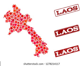 Geographic combination of dot mosaic map of Laos and red rectangle grunge stamp imprints. Vector map of Laos composed with red square mosaic items. Flat design for geographic illustrations.