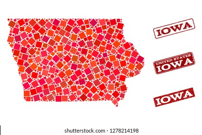Geographic combination of dot mosaic map of Iowa State and red rectangle grunge seal imprints. Vector map of Iowa State formed with red square mosaic items. Flat design for patriotic posters.