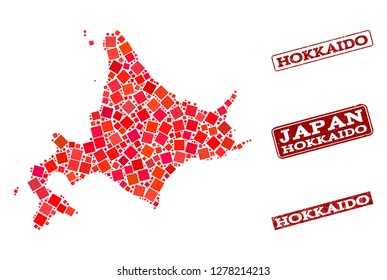 Geographic combination of dot mosaic map of Hokkaido Island and red rectangle grunge seal watermarks. Vector map of Hokkaido Island created with red square points. Flat design for geographic posters.