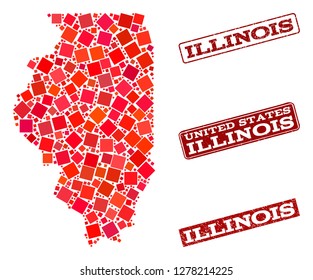 Geographic combination of dot mosaic map of Illinois State and red rectangle grunge stamp imprints. Vector map of Illinois State composed with red square elements. Flat design for geographic posters.