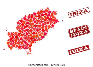 Geographic combination of dot mosaic map of Ibiza Island and red rectangle grunge seal watermarks. Vector map of Ibiza Island composed with red square mosaic items. Flat design for geographic posters.