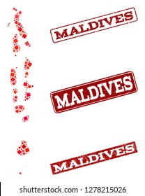 Geographic combination of dot mosaic map of Maldives and red rectangle grunge stamp imprints. Vector map of Maldives designed with red square mosaic items. Flat design for geographic purposes.