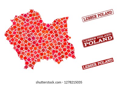 Geographic combination of dot mosaic map of Lesser Poland Province and red rectangle grunge seal stamp watermarks. Vector map of Lesser Poland Province designed with red square mosaic items.