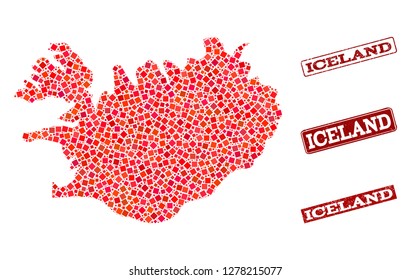 Geographic combination of dot mosaic map of Iceland and red rectangle grunge seal stamp imprints. Vector map of Iceland designed with red square points. Flat design for geographic purposes.