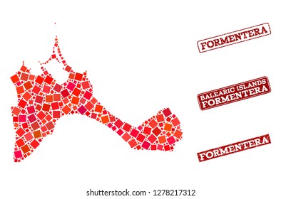 Geographic combination of dot mosaic map of Formentera Island and red rectangle grunge seal imprints. Vector map of Formentera Island created with red square mosaic items.