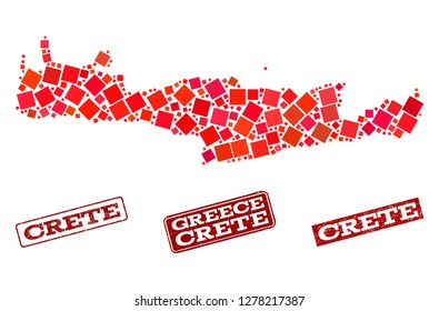 Geographic combination of dot mosaic map of Crete Island and red rectangle grunge seal stamp imprints. Vector map of Crete Island created with red square mosaic items.
