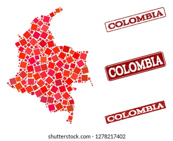 Geographic combination of dot mosaic map of Colombia and red rectangle grunge stamp watermarks. Vector map of Colombia designed with red square mosaic items. Flat design for geographic illustrations.