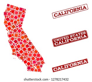 Geographic combination of dot mosaic map of California and red rectangle grunge stamp imprints. Vector map of California created with red square mosaic items. Flat design for geographic illustrations.