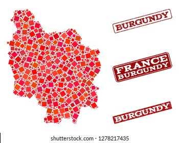 Geographic combination of dot mosaic map of Burgundy Province and red rectangle grunge stamp watermarks. Vector map of Burgundy Province formed with red square mosaic items.