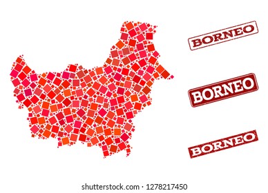 Geographic combination of dot mosaic map of Borneo Island and red rectangle grunge seal stamp watermarks. Vector map of Borneo Island formed with red square points.