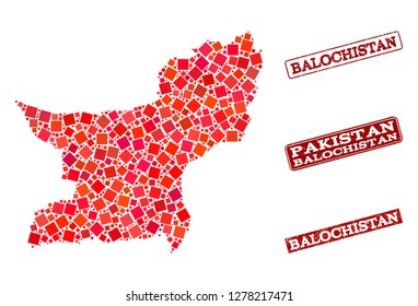 Geographic combination of dot mosaic map of Balochistan Province and red rectangle grunge seal stamp imprints. Vector map of Balochistan Province created with red square mosaic items.