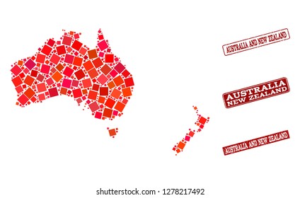 Geographic combination of dot mosaic map of Australia and New Zealand and red rectangle grunge seal watermarks. Vector map of Australia and New Zealand designed with red square mosaic items.