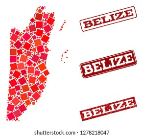 Geographic combination of dot mosaic map of Belize and red rectangle grunge stamp imprints. Vector map of Belize designed with red square mosaic items. Flat design for geographic purposes.
