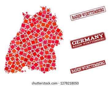 Geographic combination of dot mosaic map of Baden-Wurttemberg State and red rectangle grunge seal stamp watermarks. Vector map of Baden-Wurttemberg State composed with red square mosaic items.