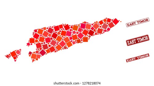 Geographic combination of dot mosaic map of East Timor and red rectangle grunge seal stamp imprints. Vector map of East Timor created with red square mosaic items. Flat design for geographic posters.