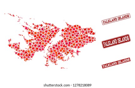 Geographic combination of dot mosaic map of Falkland Islands and red rectangle grunge stamp imprints. Vector map of Falkland Islands formed with red square mosaic items.
