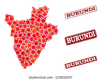 Geographic combination of dot mosaic map of Burundi and red rectangle grunge seal stamp watermarks. Vector map of Burundi formed with red square elements. Flat design for geographic posters.