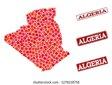 Geographic combination of dot mosaic map of Algeria and red rectangle grunge seal stamp imprints. Vector map of Algeria formed with red square dots. Flat design for geographic posters.