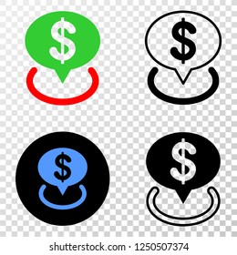Geographic combination of dotted dollar placement and grunge stamp. Mosaic vector dollar placement composed with square dots and gradient from blue to red color.