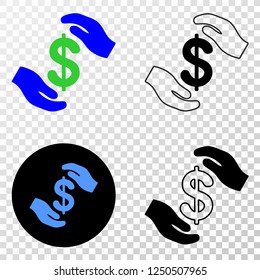 Geographic combination of dotted hands care dollar and grunge seal. Mosaic vector hands care dollar composed with square dots and gradient from blue to red color. Flat design for political posters.