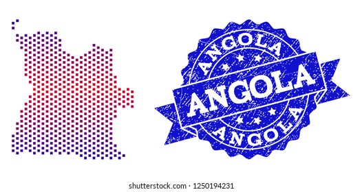 Geographic combination of dotted map of Angola and grunge stamp. Mosaic vector map of Angola formed with square dots and gradient from blue to red color. Flat design for patriotic purposes.