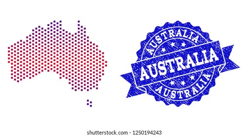 Geographic combination of dotted map of Australia and grunge seal stamp. Mosaic vector map of Australia formed with square dots and gradient from blue to red color.