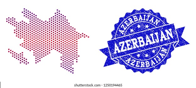 Geographic combination of dotted map of Azerbaijan and grunge seal stamp. Mosaic vector map of Azerbaijan composed with square dots and gradient from blue to red color.
