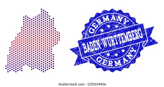 Geographic combination of dotted map of Baden-Wurttemberg State and grunge seal. Mosaic vector map of Baden-Wurttemberg State formed with square dots and gradient from blue to red color.