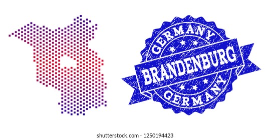 Geographic combination of dotted map of Brandenburg State and grunge seal. Mosaic vector map of Brandenburg State composed with square dots and gradient from blue to red color.
